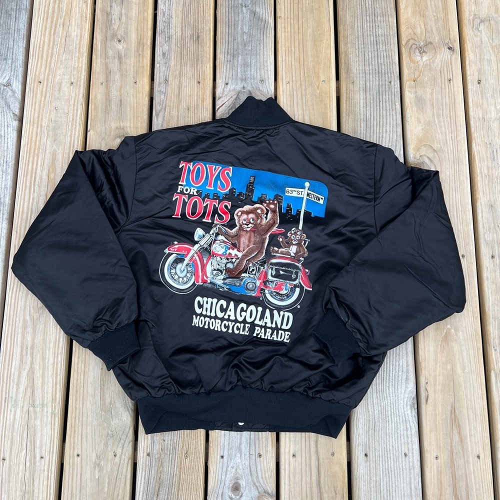 Vintage 90s Toys For Tots Chicagoland Motorcycle Satin Bomber Jacket